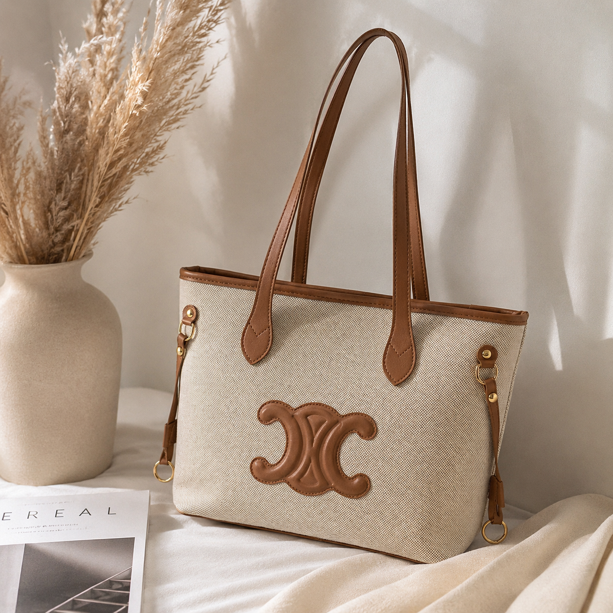 Fashion Monogram Canvas Tote Bag with Brown Trim & Shoulder Straps