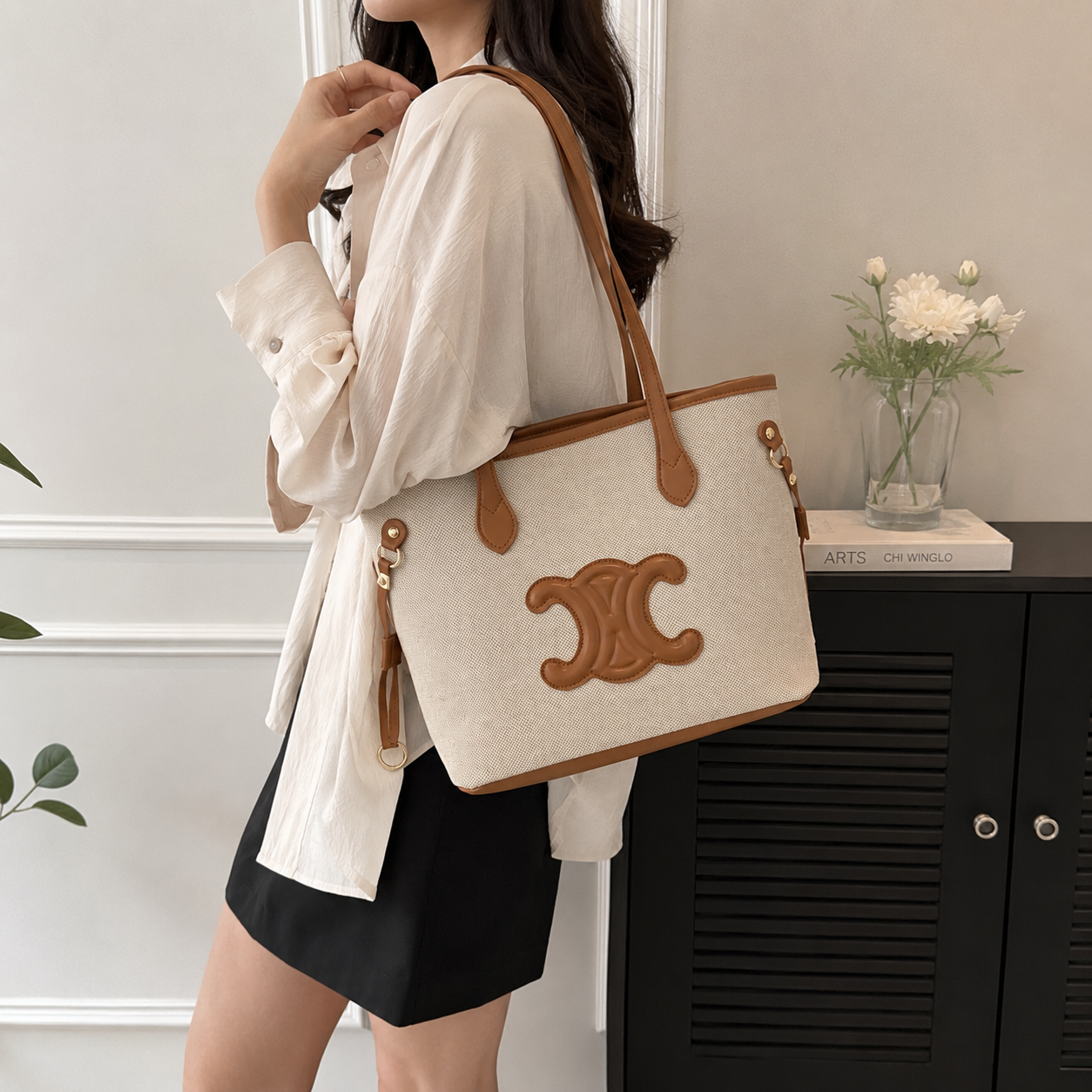 Fashion Monogram Canvas Tote Bag with Brown Trim & Shoulder Straps