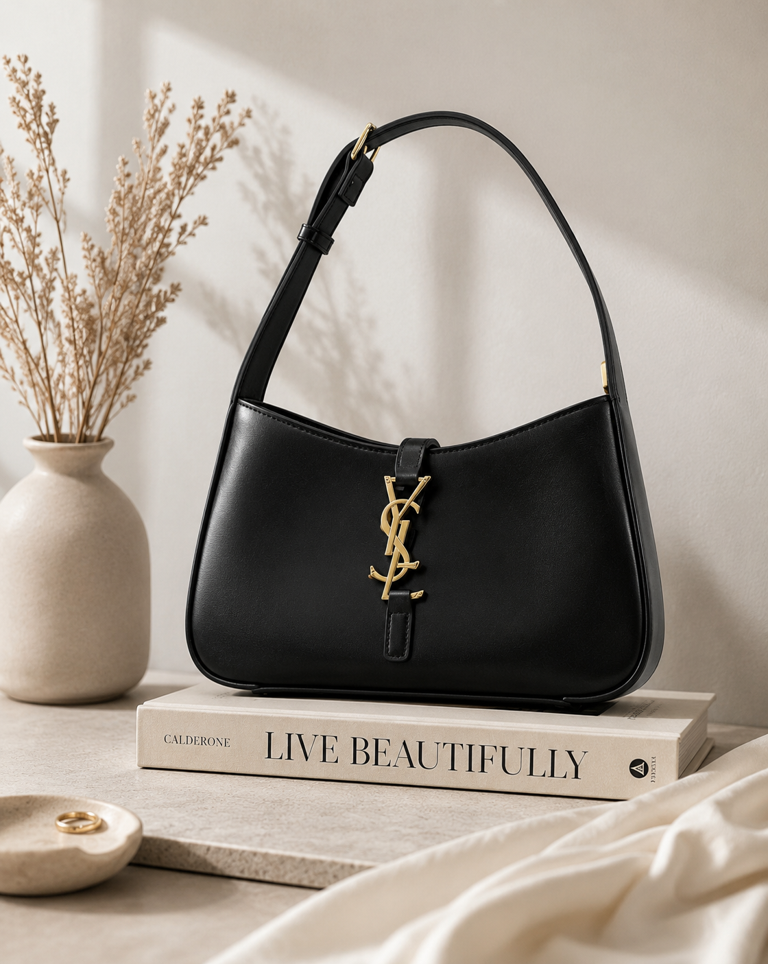 👑 Fashion Inspired Black Gold Accent Shoulder Bag | Smooth or Croc-Embossed