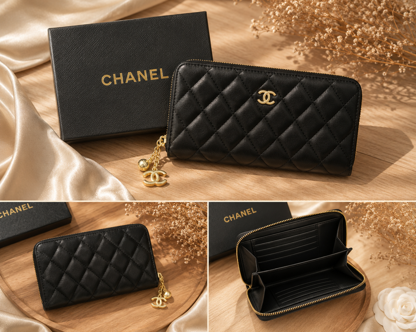 Black Quilted Zip Around Fashion Wallet with Gold Charm