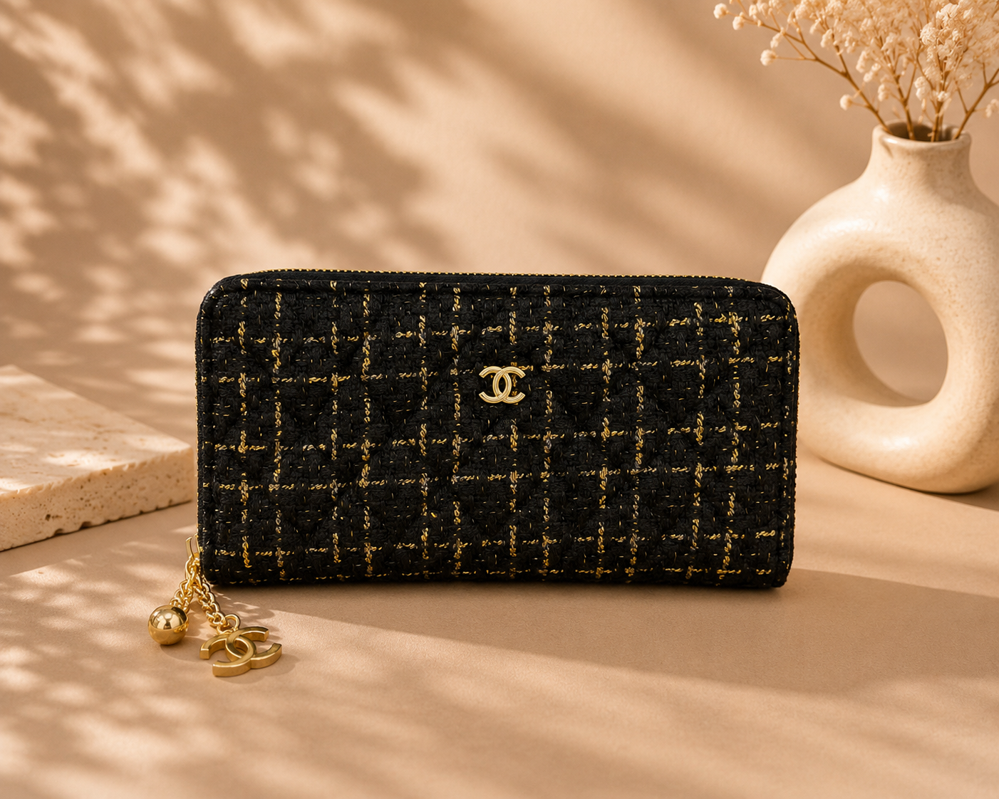 Fashion Black & Gold Tweed Zip Around Wallet