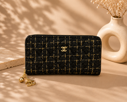 Fashion Black & Gold Tweed Zip Around Wallet