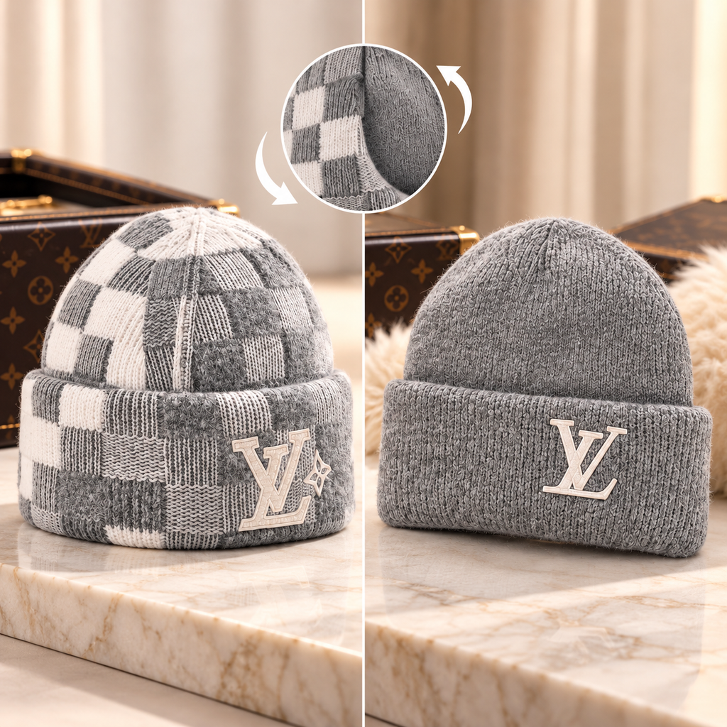 GWP Reversible Wool Knit Beanie – Gray & Checkered