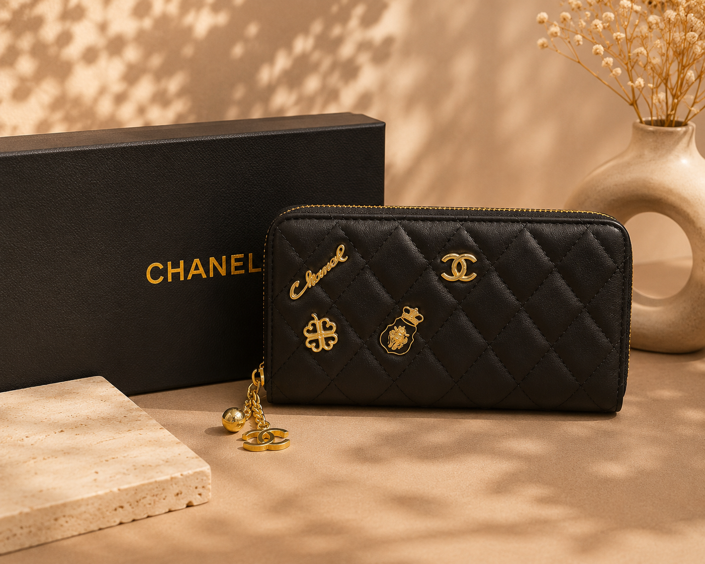 Fashion Quilted Zip Around Wallet – Black