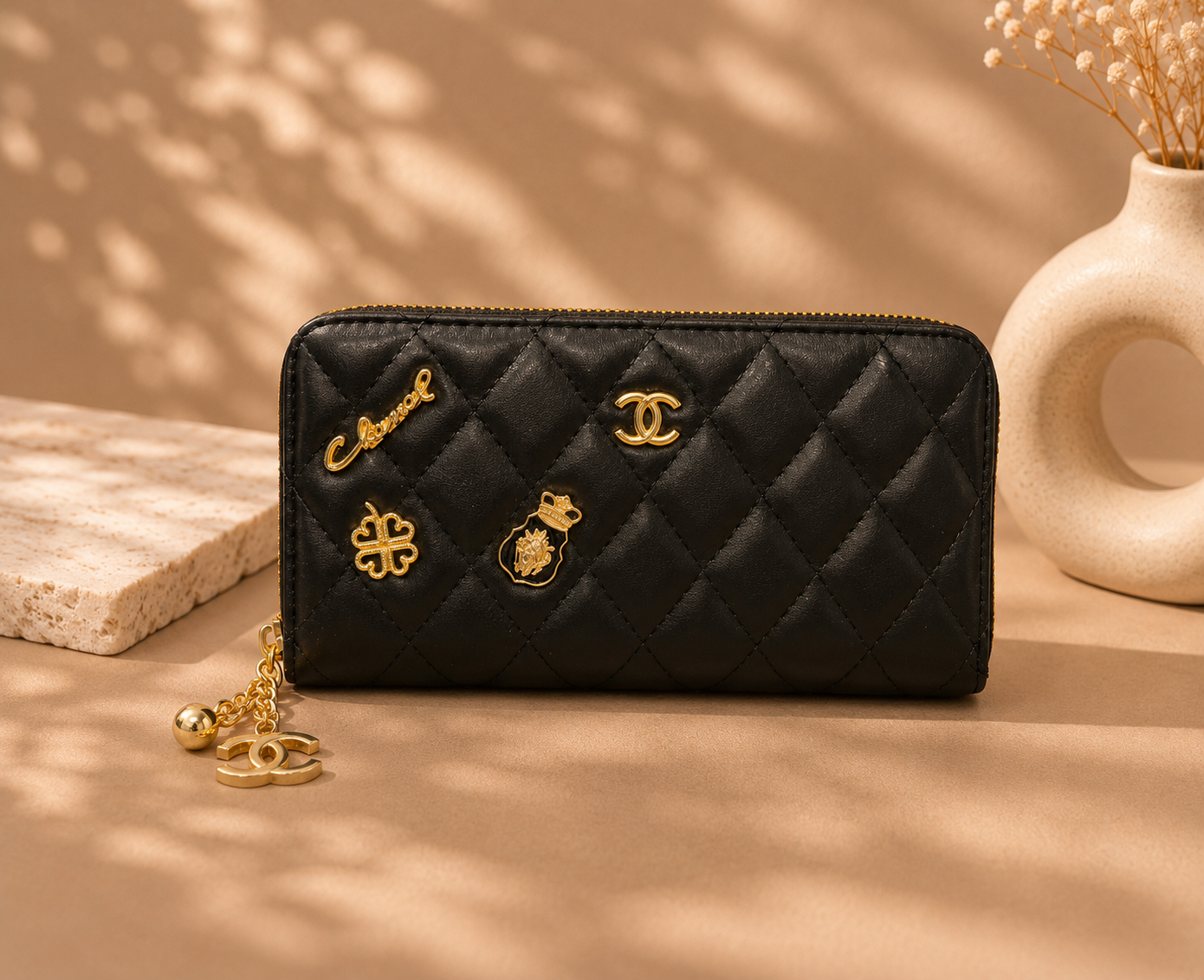 Fashion Quilted Zip Around Wallet – Black