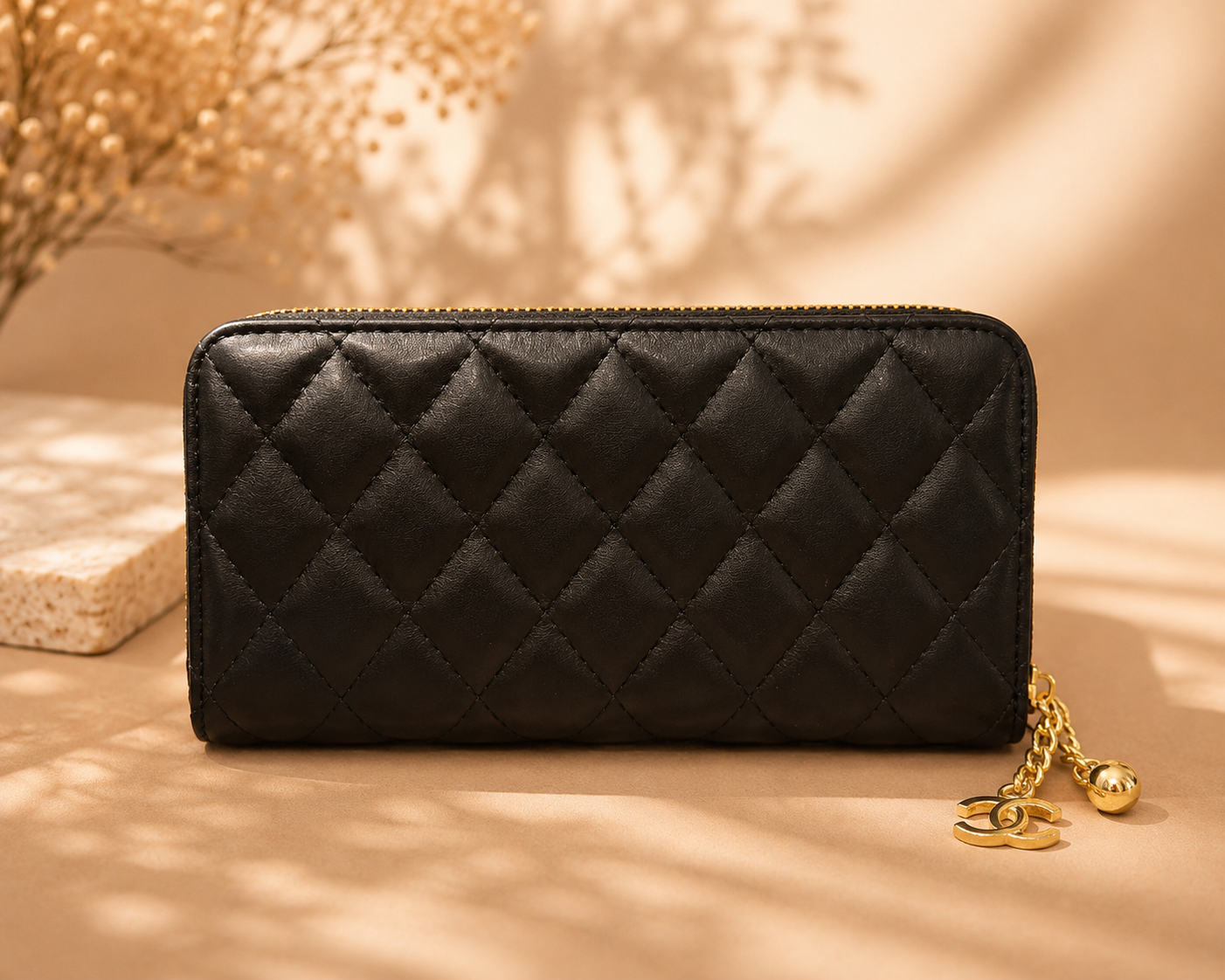 Fashion Quilted Zip Around Wallet – Black