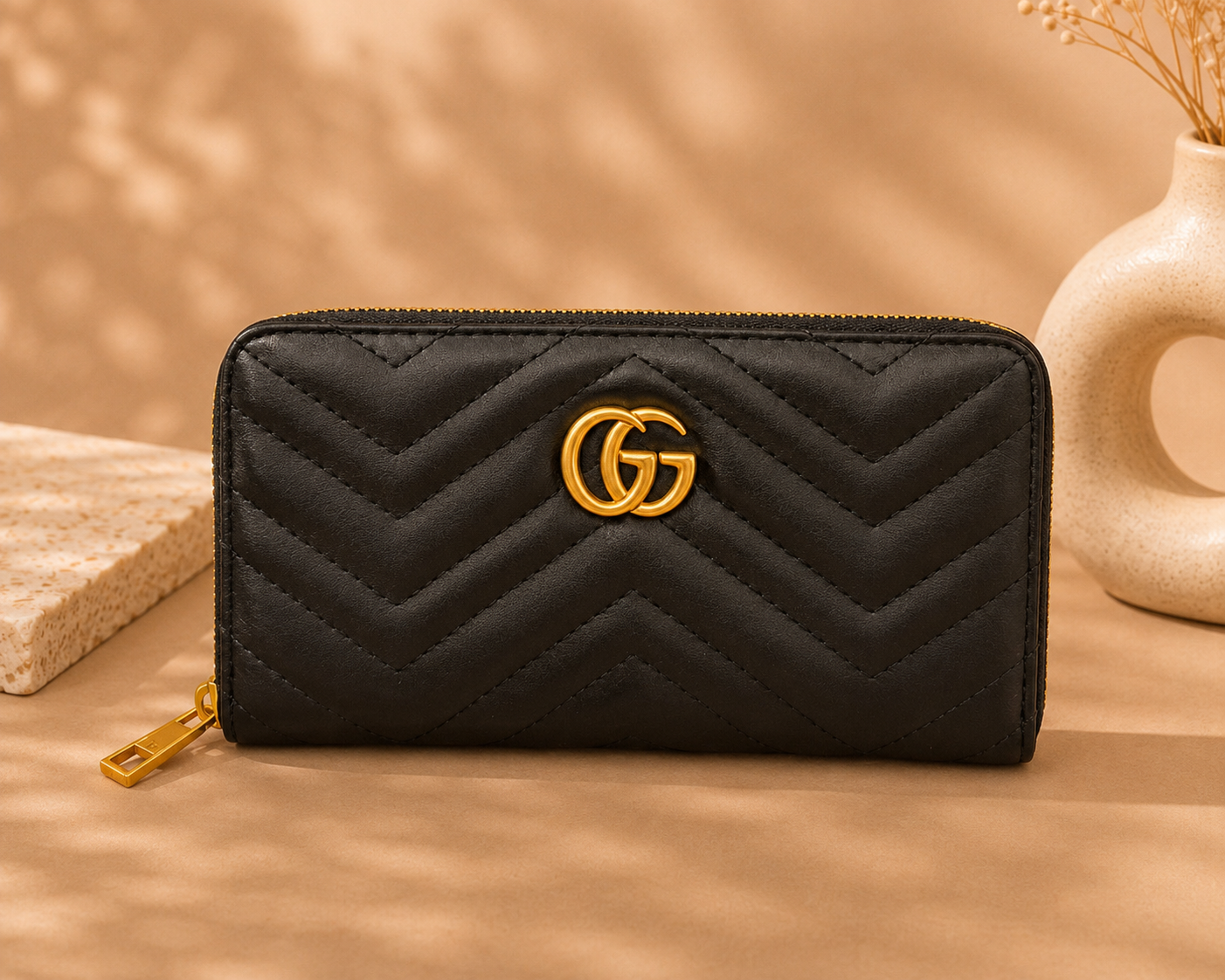 Fashion Chevron Zip Around Long Wallet – Black