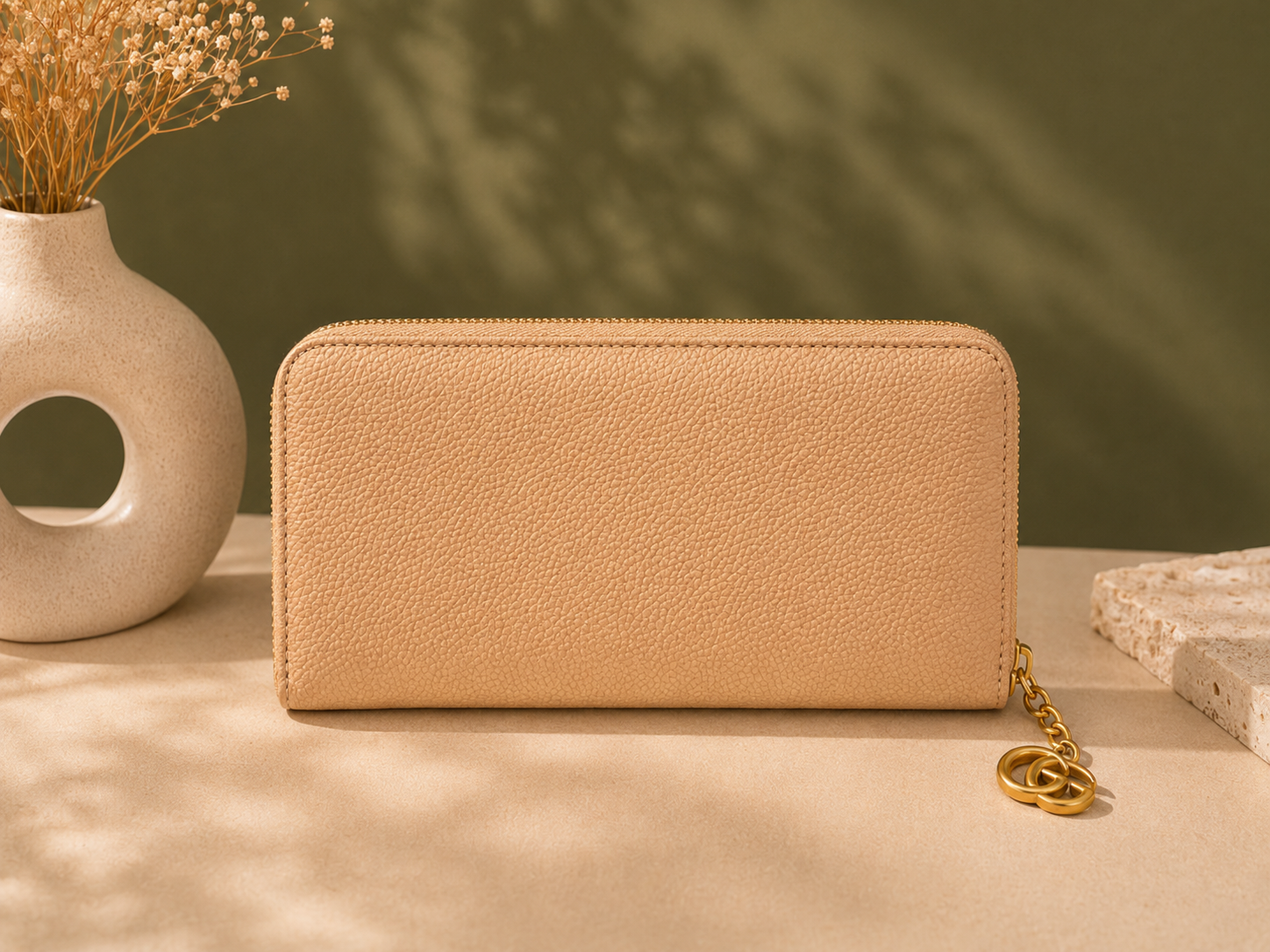 Fashion Pebbled Zip Around Long Wallet – Beige