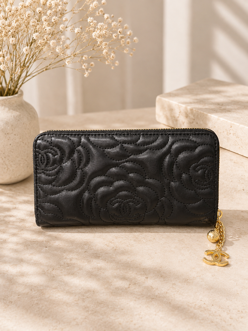 Fashion Floral Embossed Zip Around Long Wallet – Black