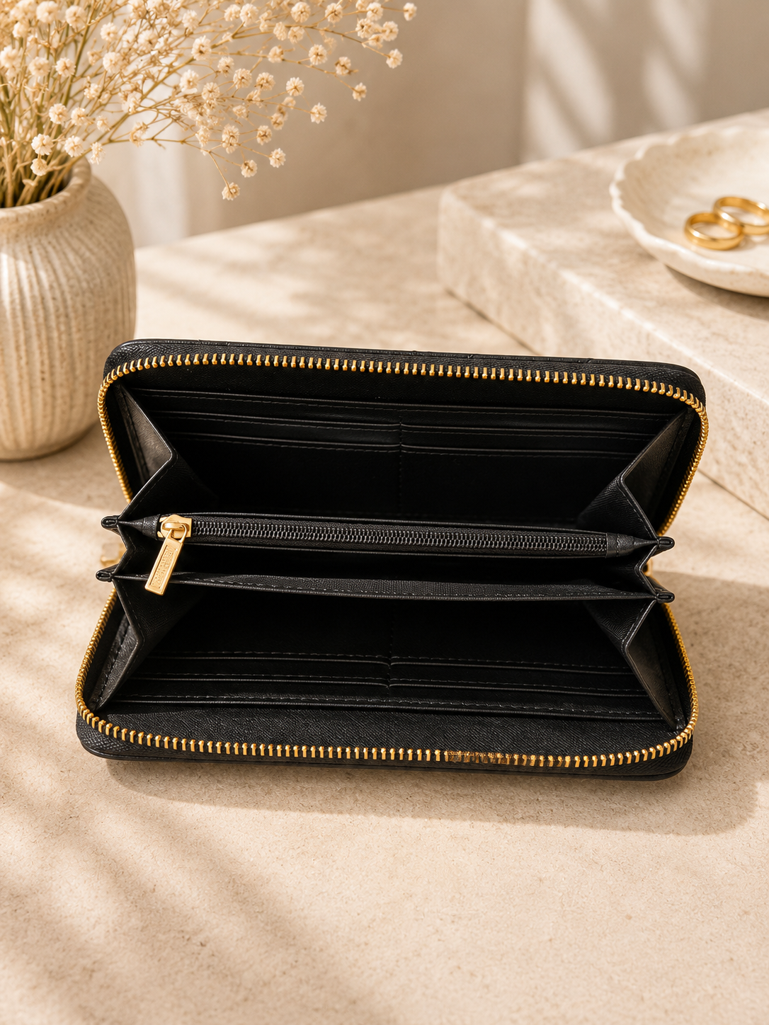 Fashion Floral Embossed Zip Around Long Wallet – Black