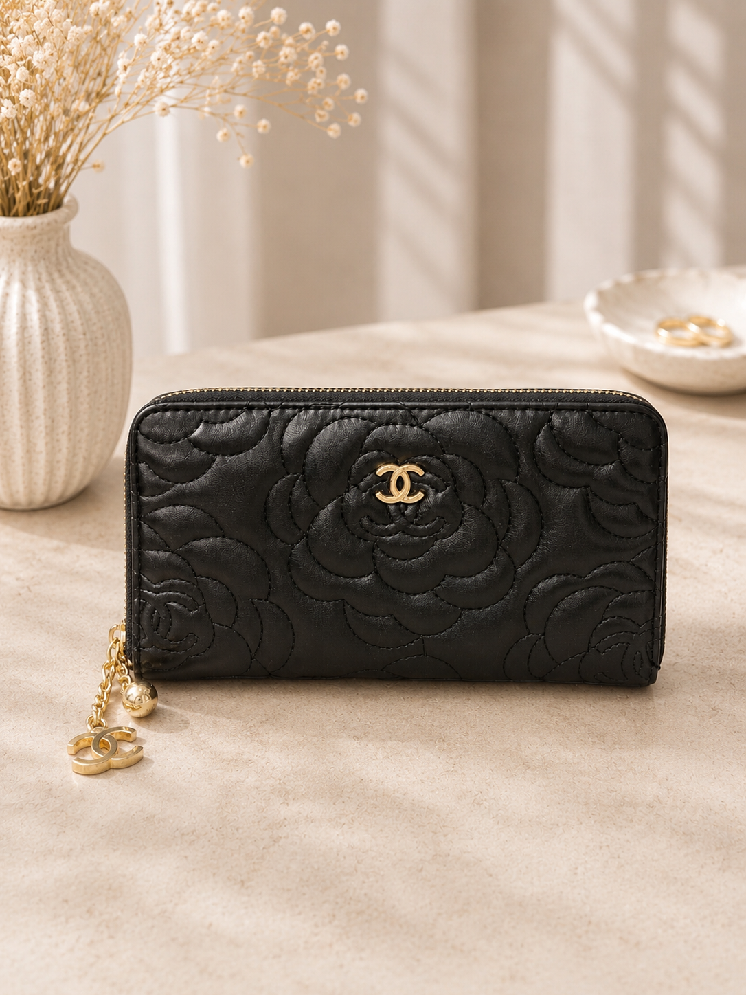 Fashion Floral Embossed Zip Around Long Wallet – Black