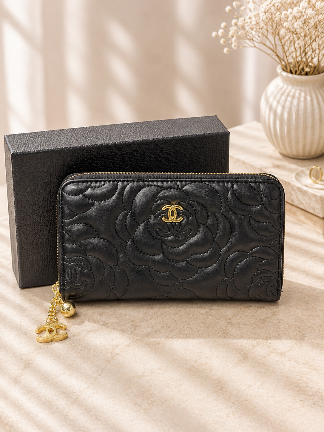 Fashion Floral Embossed Zip Around Long Wallet – Black