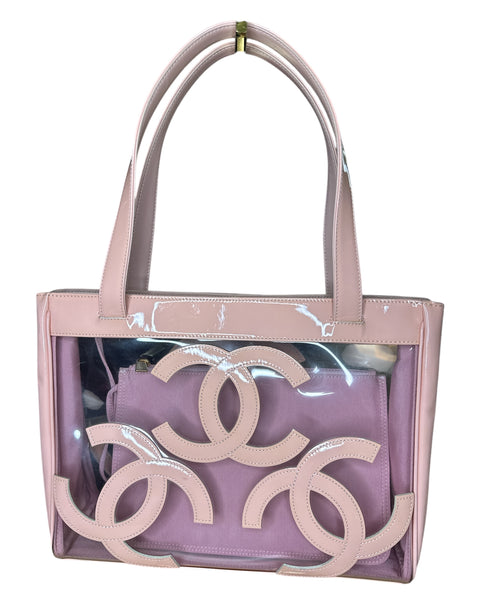 CHANEL 
Vinyl Patent CC Logo Beach Tote Pink - Clairely Amazing