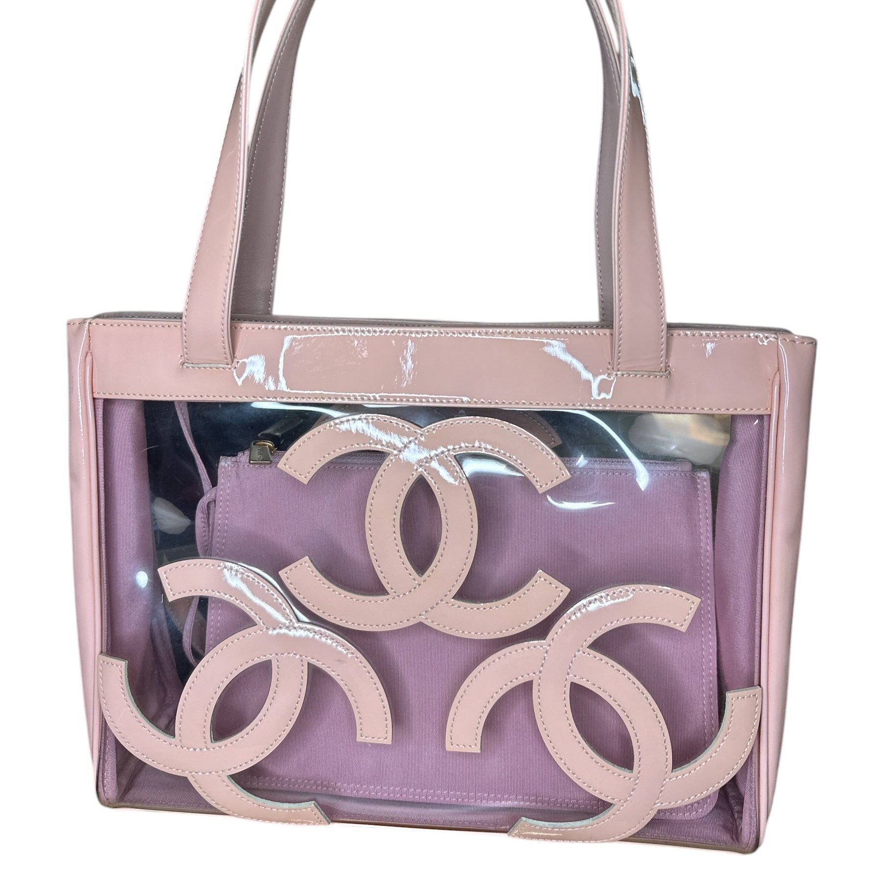 CHANEL 
Vinyl Patent CC Logo Beach Tote Pink - Clairely Amazing