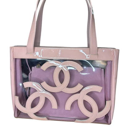 CHANEL 
Vinyl Patent CC Logo Beach Tote Pink - Clairely Amazing