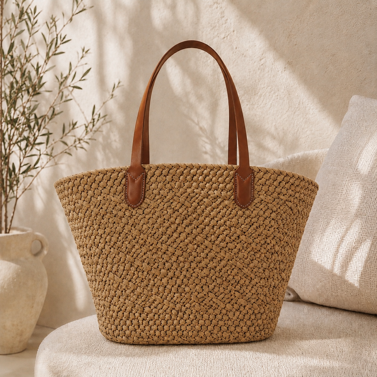 Fashion Woven Straw Tote Bag – Camel | Large Summer Beach Shoulder Bag