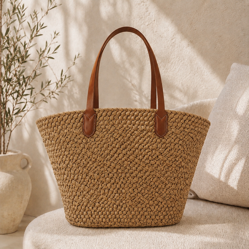 Fashion Woven Straw Tote Bag – Camel | Large Summer Beach Shoulder Bag