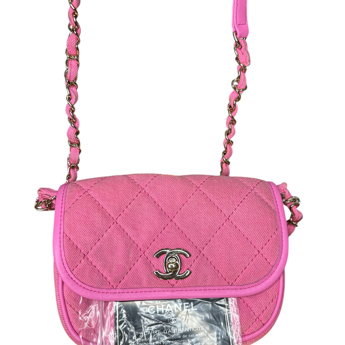 Chanel 21S Neon Pink Denim Small Messenger Bag - Clairely Amazing