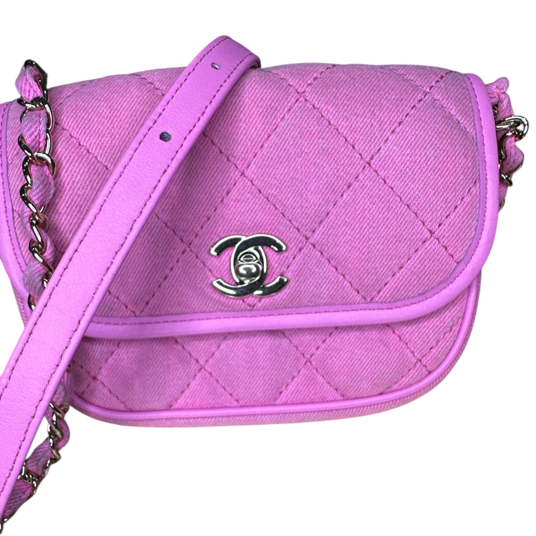 Chanel 21S Neon Pink Denim Small Messenger Bag - Clairely Amazing
