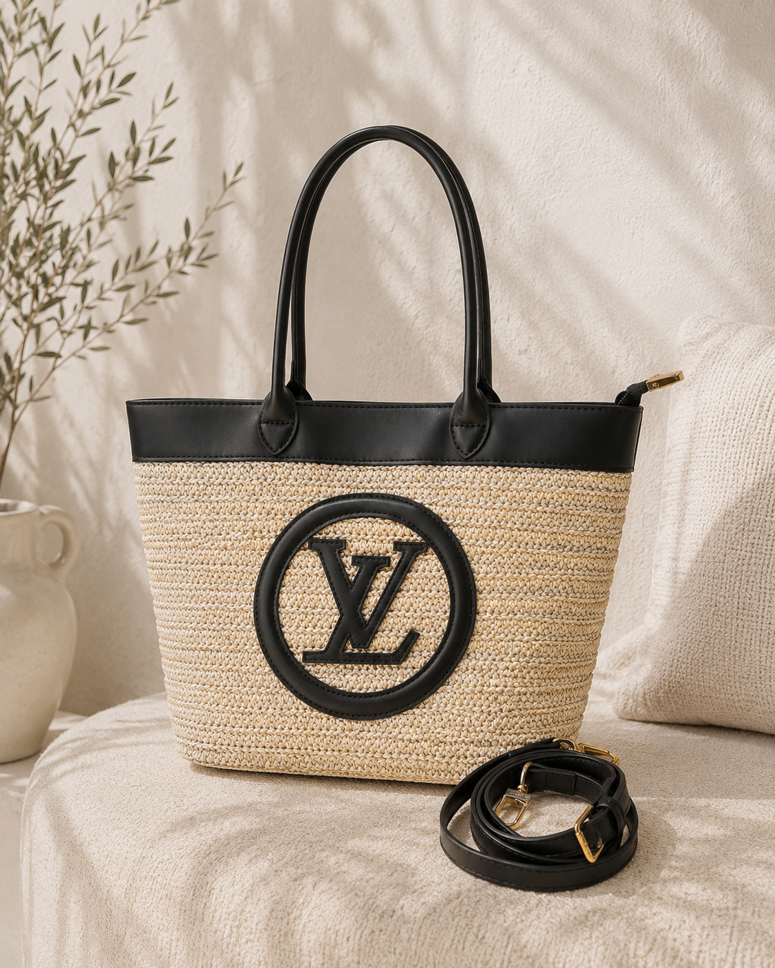 Fashion Woven Straw Tote Bag with Detachable Crossbody Strap – Black