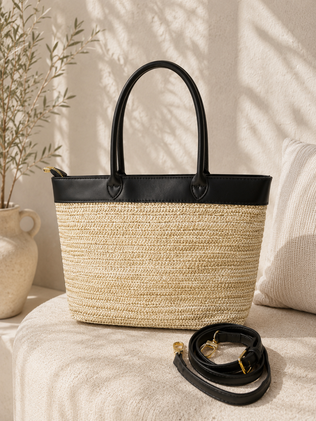 Fashion Woven Straw Tote Bag with Detachable Crossbody Strap – Black