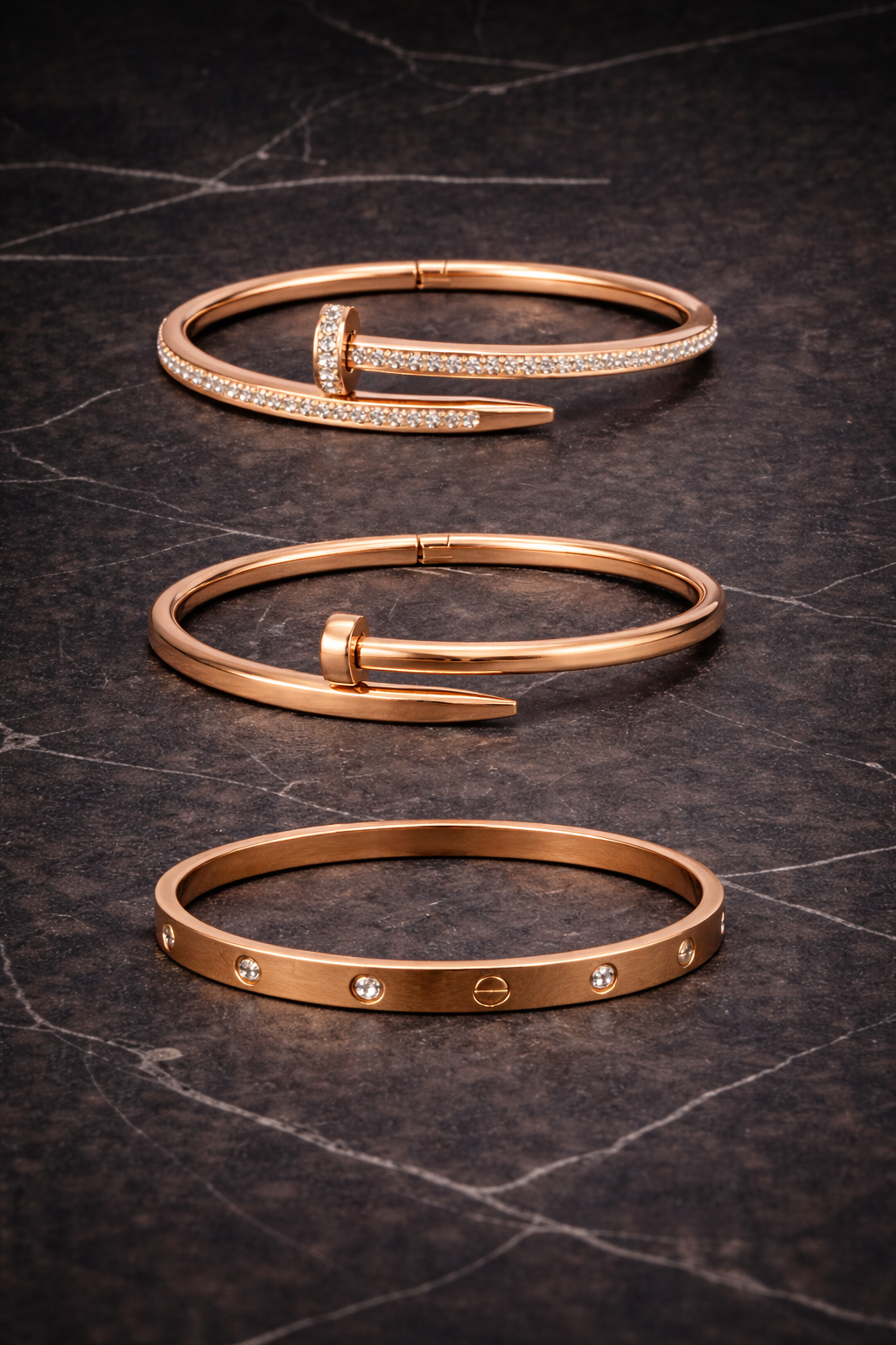 Stainless Steel Screw Motif Bangle Bracelet – Gold, Rose Gold & Silver Tone