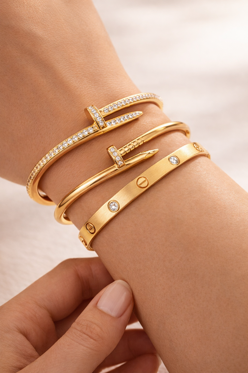 Stainless Steel Screw Motif Bangle Bracelet – Gold, Rose Gold & Silver Tone