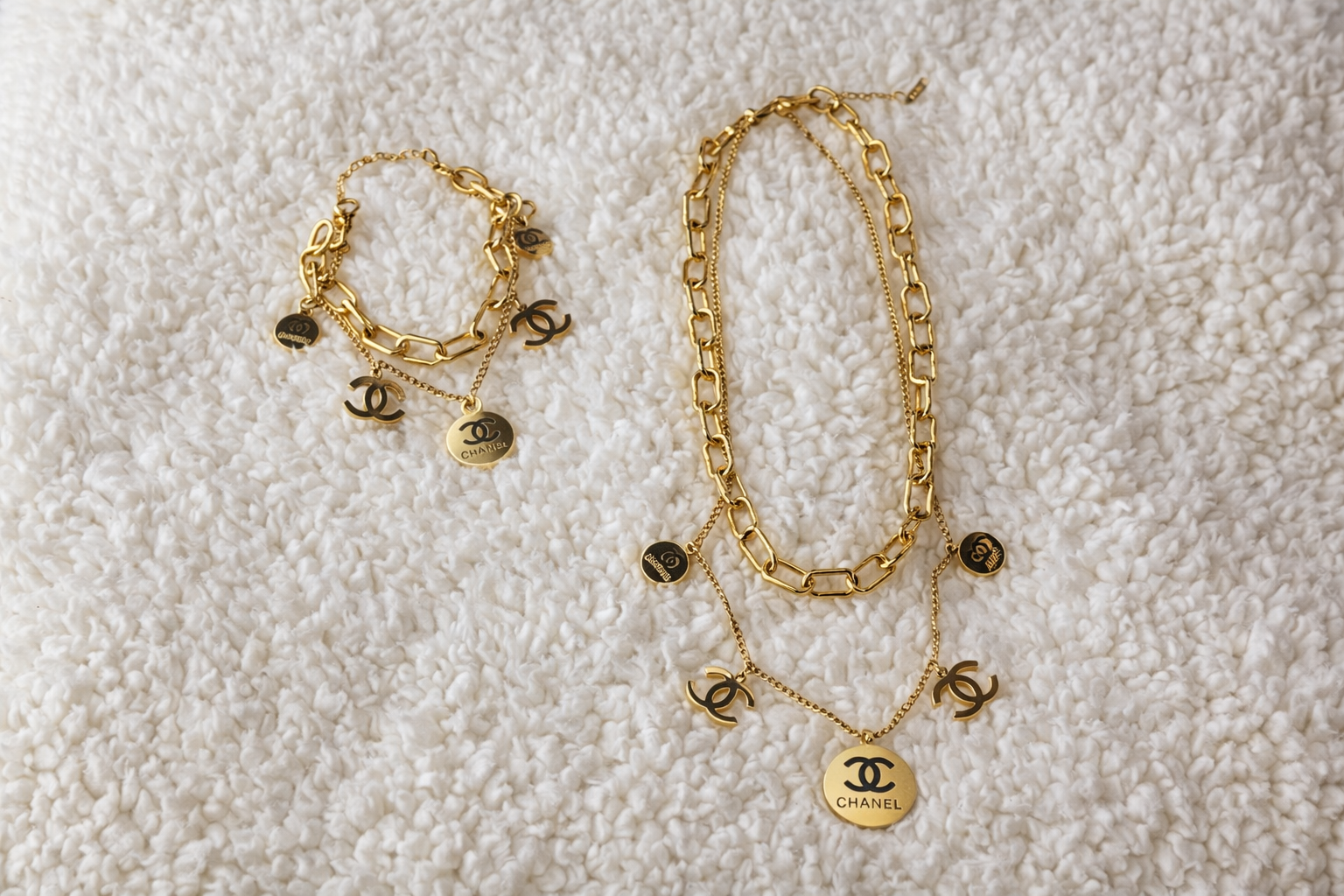 Gold Charm Necklace & Bracelet Set – Stainless Steel | Adjustable 16”-18”