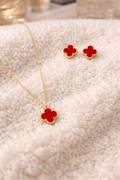 Red Clover Necklace & Earrings Set – Gold Stainless Steel | 18” Necklace