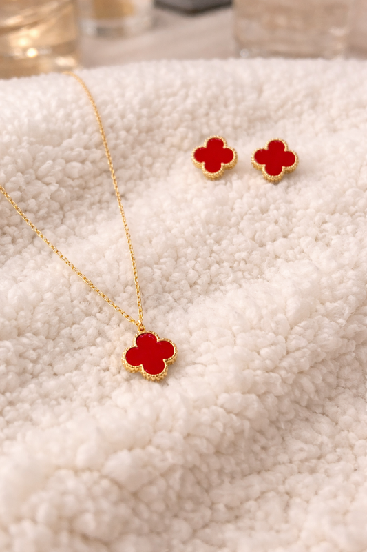 Red Clover Necklace & Earrings Set – Gold Stainless Steel | 18” Necklace