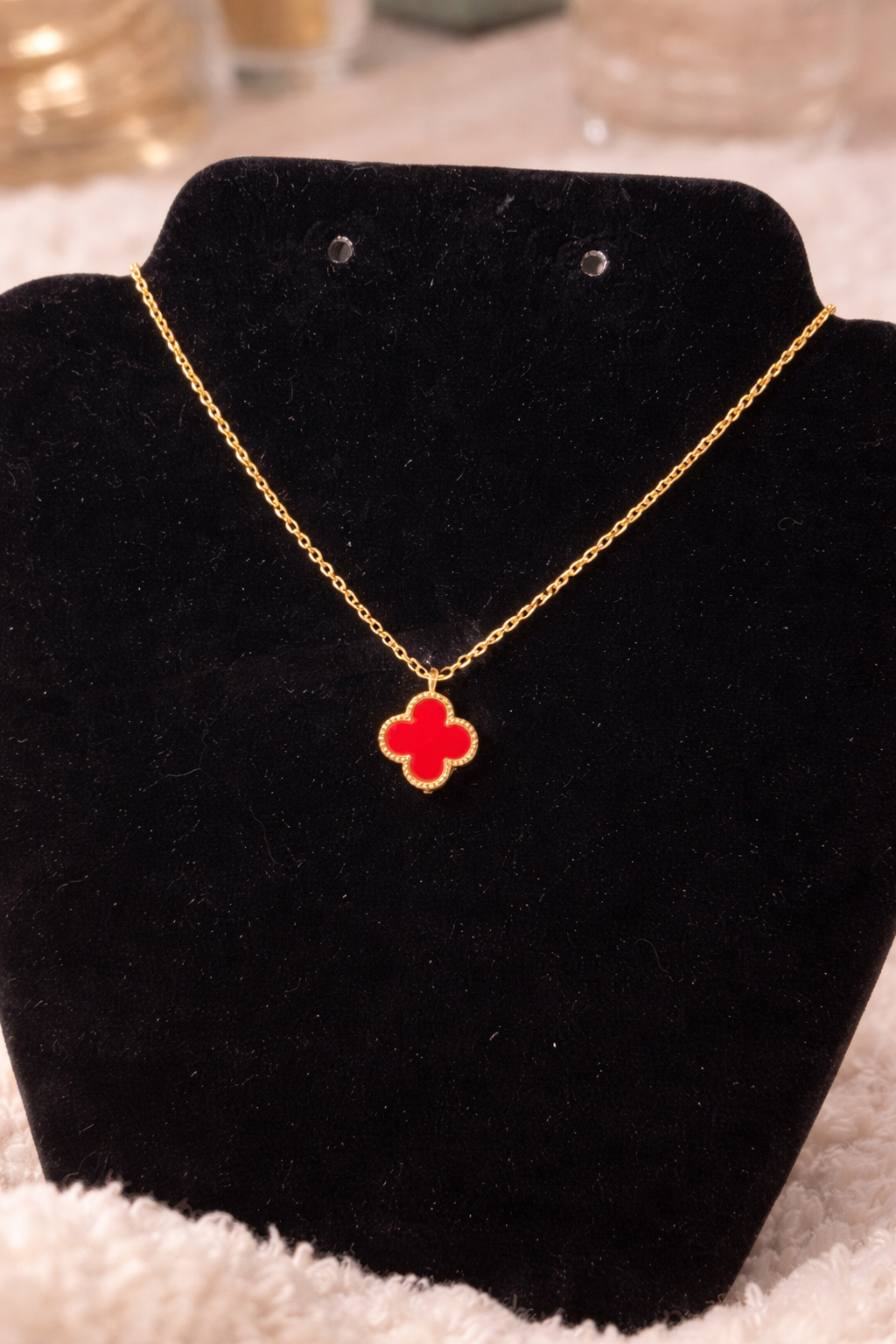 Red Clover Pendant Necklace – Gold Stainless Steel | 18” Chain