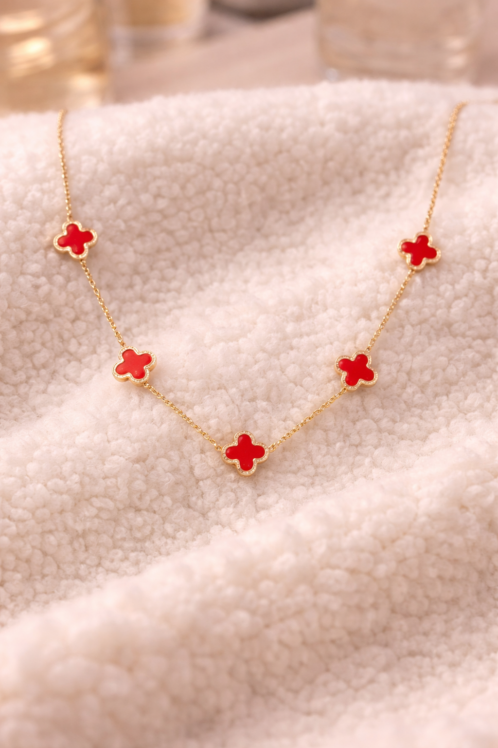 Red Clover Charm Necklace – Gold Tone Stainless Steel (16 to 18”)