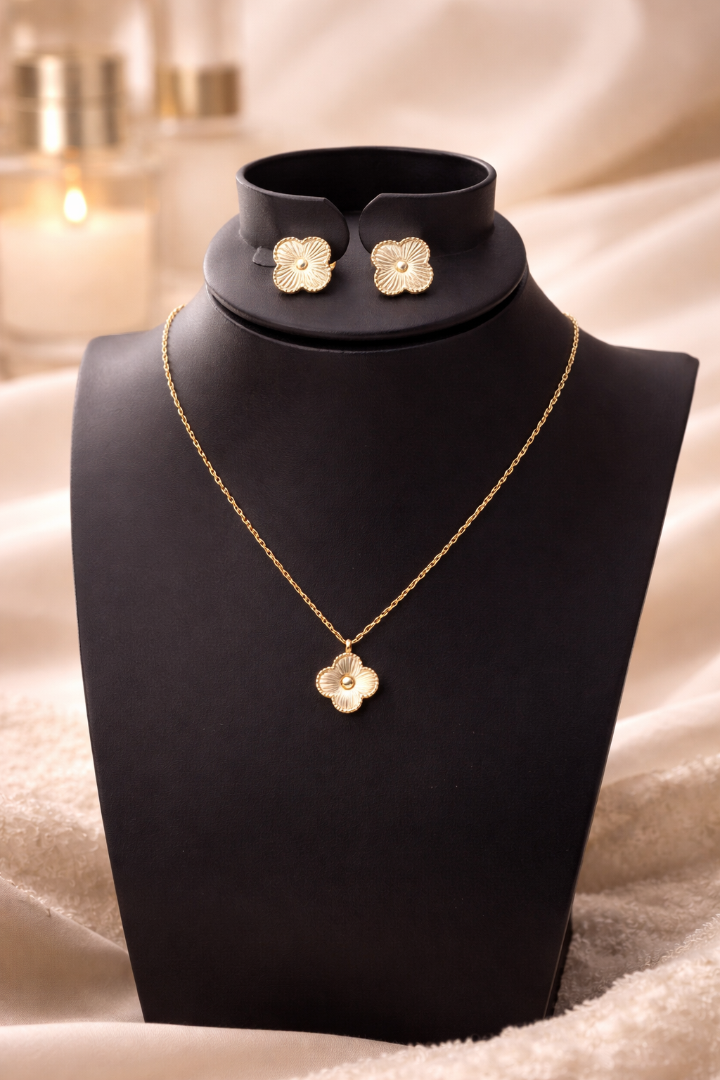 Gold Clover Necklace & Earrings Set – Adjustable 16–18” Stainless Steel