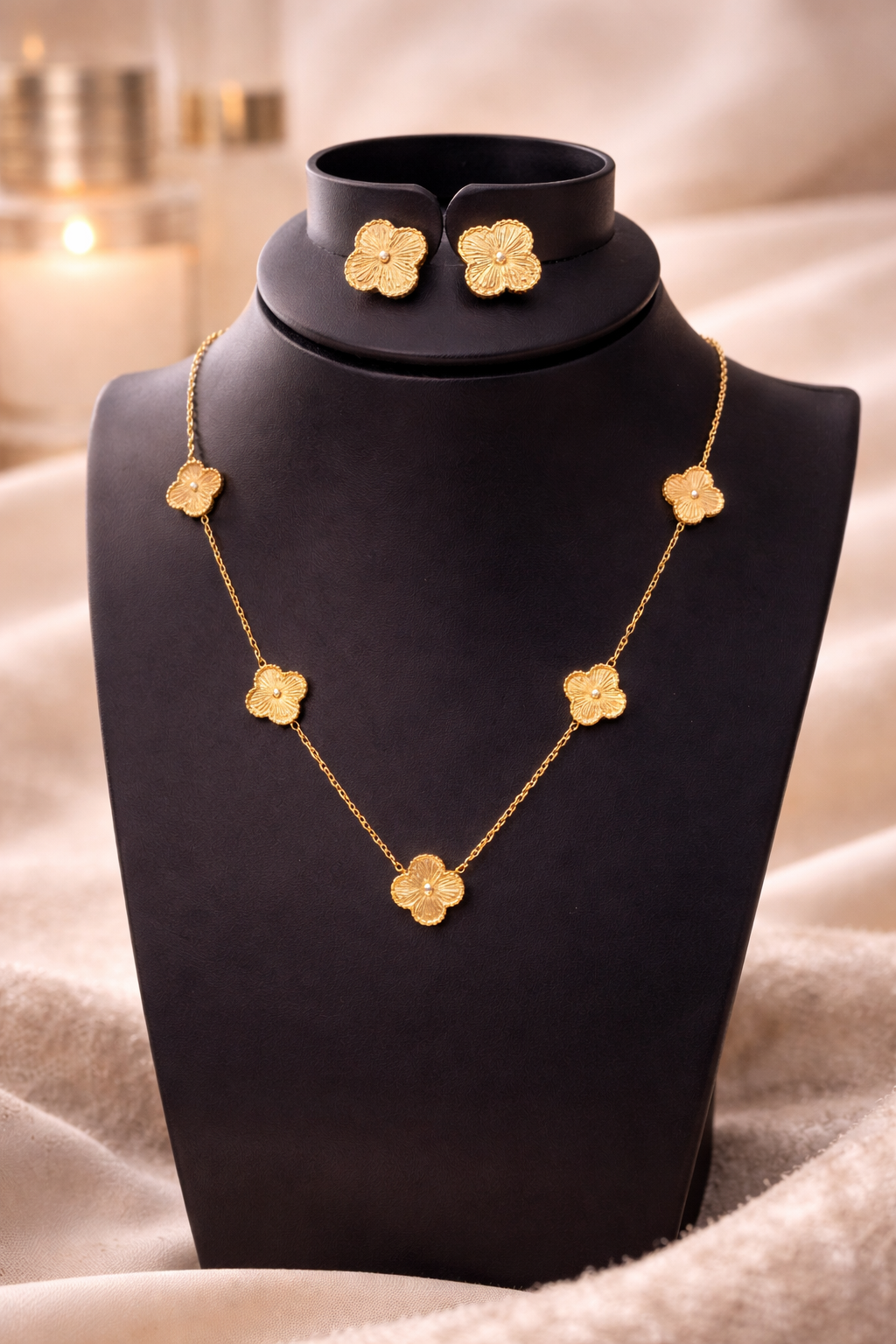 Gold Clover Necklace & Earrings Set (5 Motif) – Stainless Steel