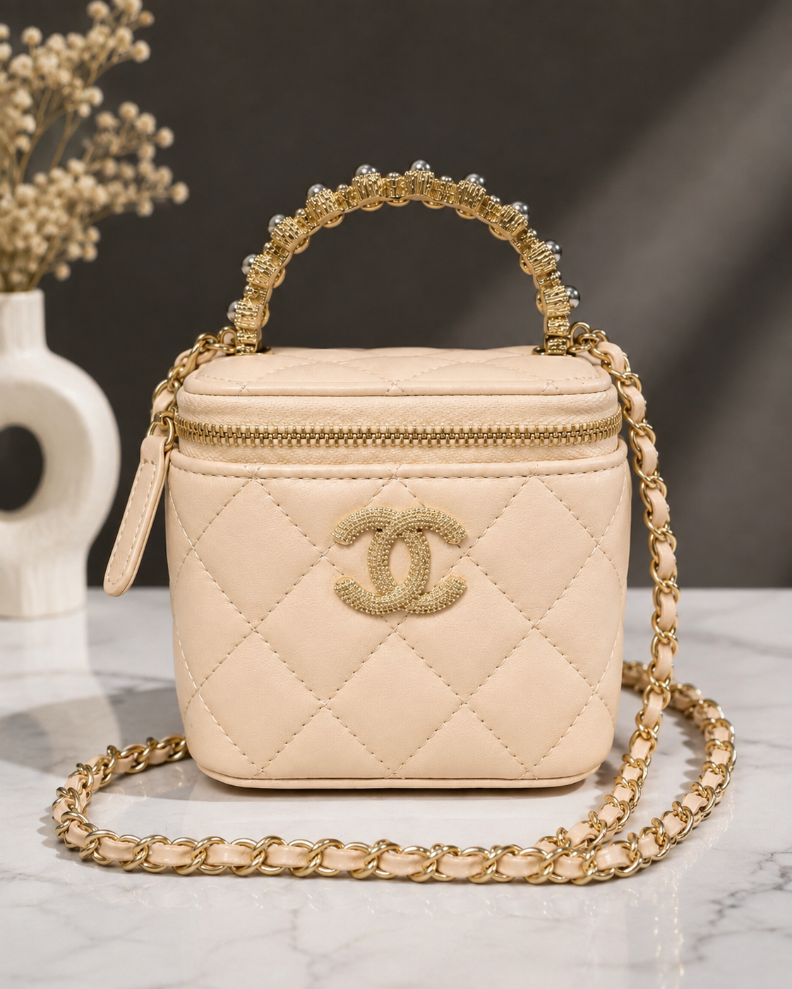 Chanel GWP Mini Vanity Bag with Pearl Handle – Quilted Crossbody (4 Colors)