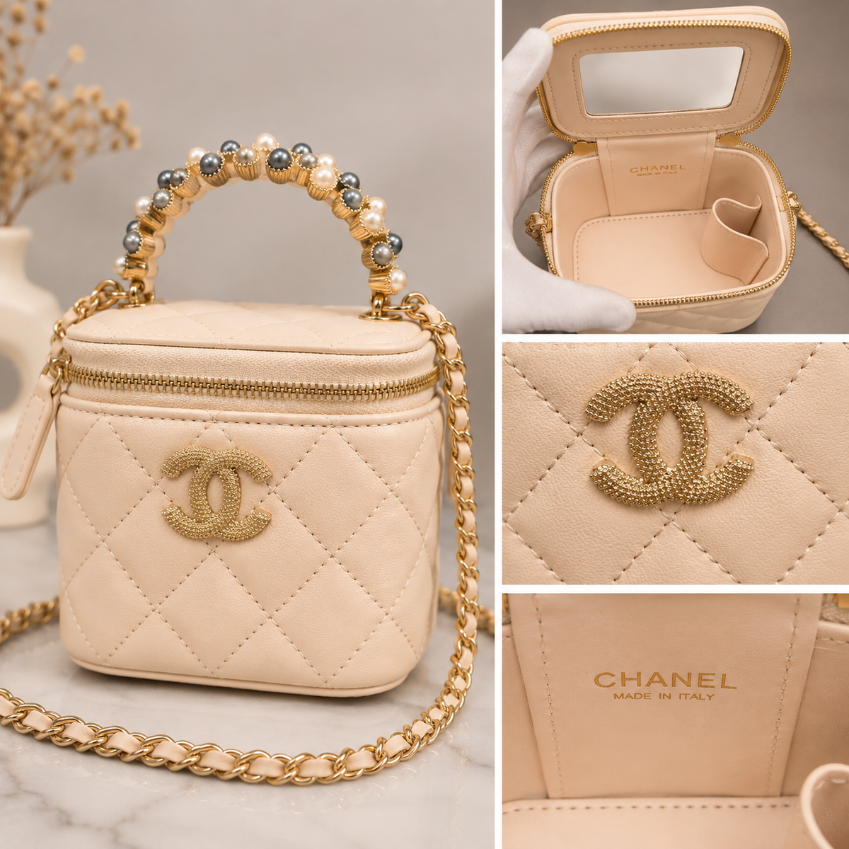 Chanel GWP Mini Vanity Bag with Pearl Handle – Quilted Crossbody (4 Colors)