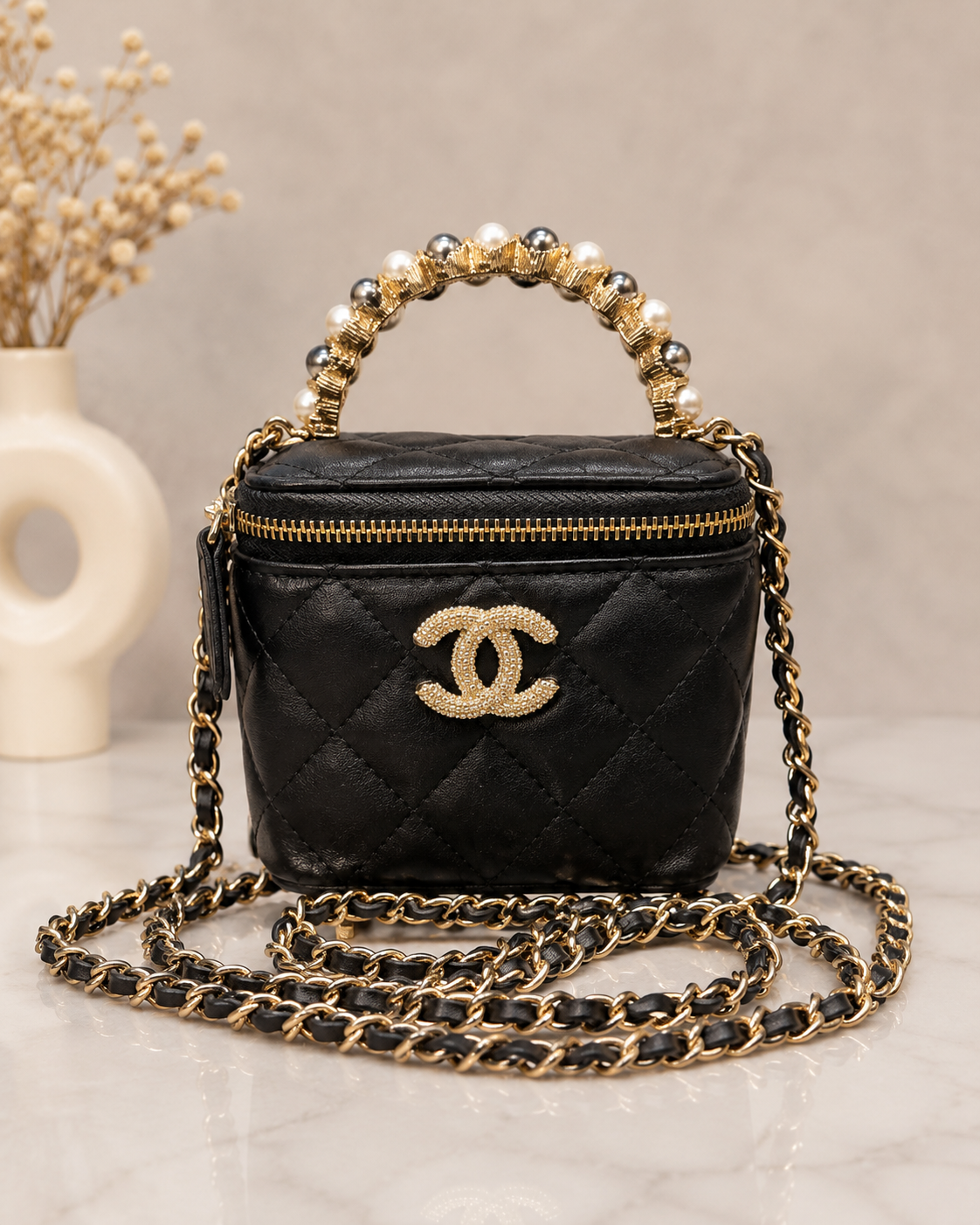 Chanel GWP Mini Vanity Bag with Pearl Handle – Quilted Crossbody (4 Colors)