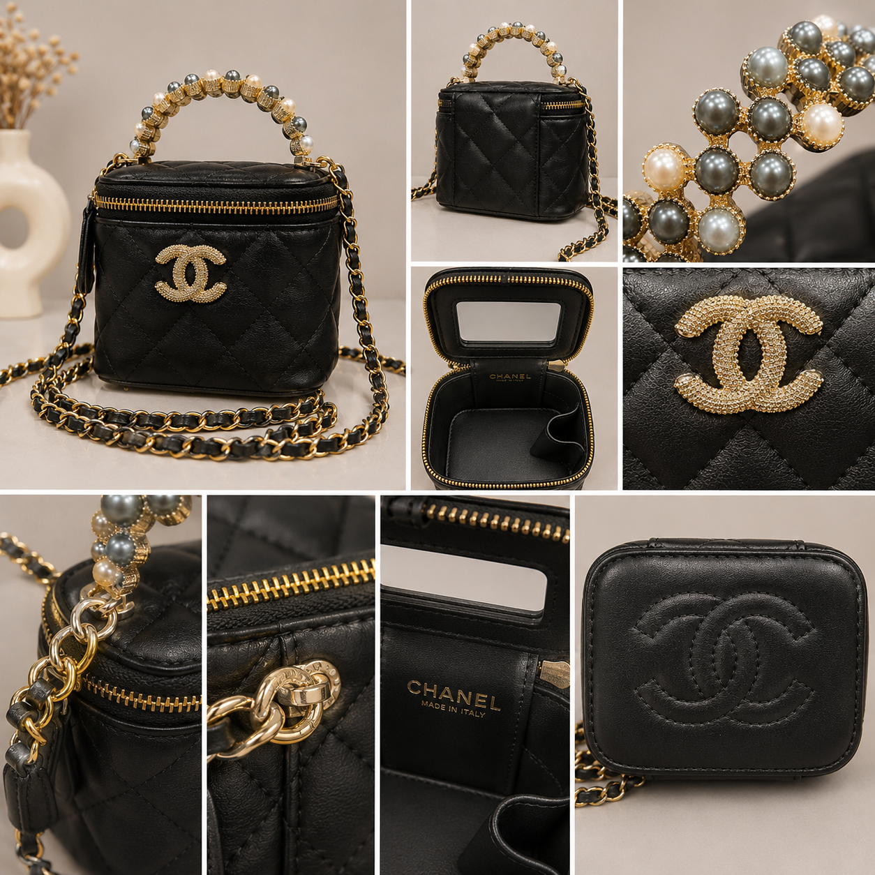 Chanel GWP Mini Vanity Bag with Pearl Handle – Quilted Crossbody (4 Colors)