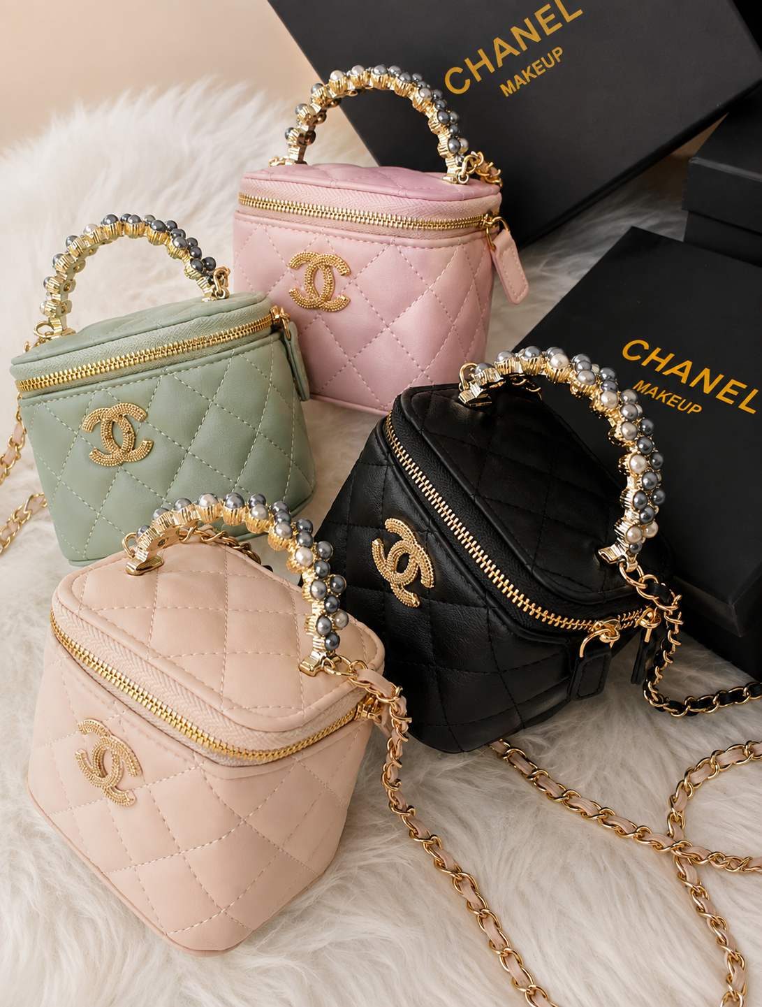 Chanel GWP Mini Vanity Bag with Pearl Handle – Quilted Crossbody (4 Colors)