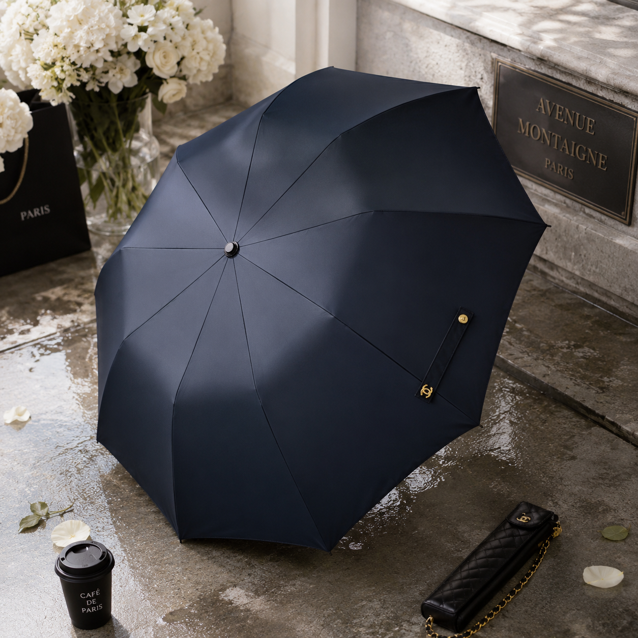 Vintage-Inspired Quilted Fashion Umbrella with Chain Strap