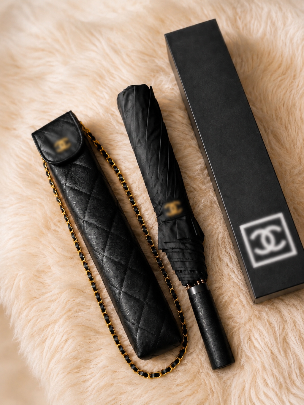 Vintage-Inspired Quilted Fashion Umbrella with Chain Strap