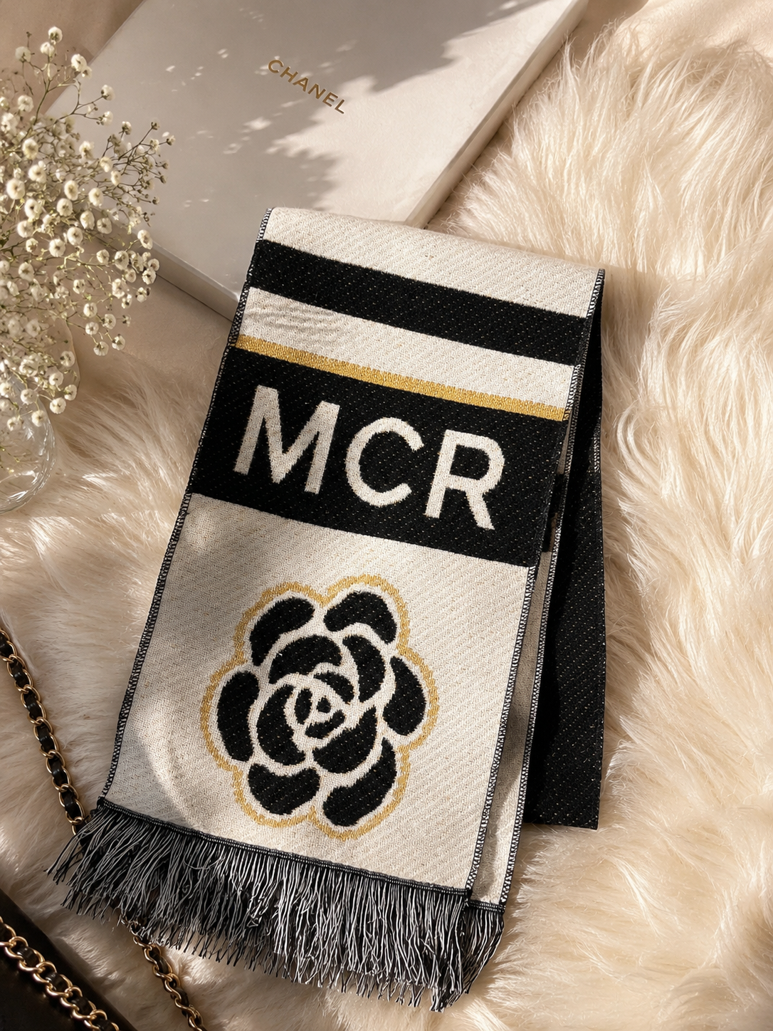 ✨ Chanel GWP Knit Fringe Scarf – Black, Ivory & Gold Edition ✨