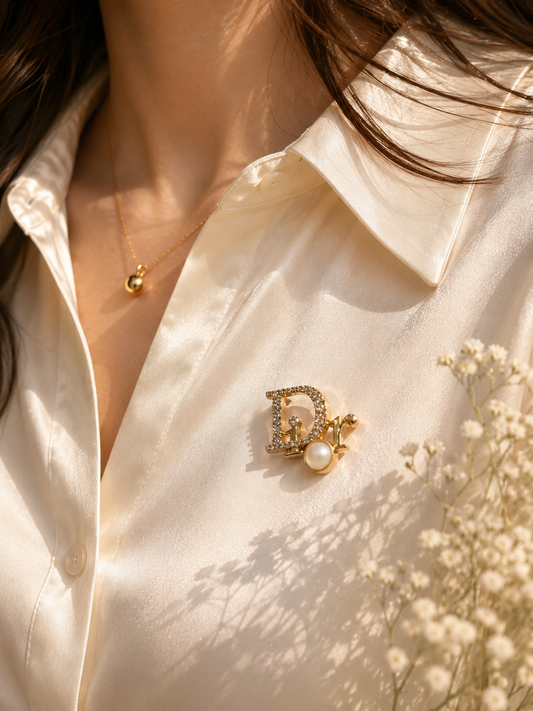 Initial “D” Style Crystal Brooch Pin with Stone – Gold Tone
