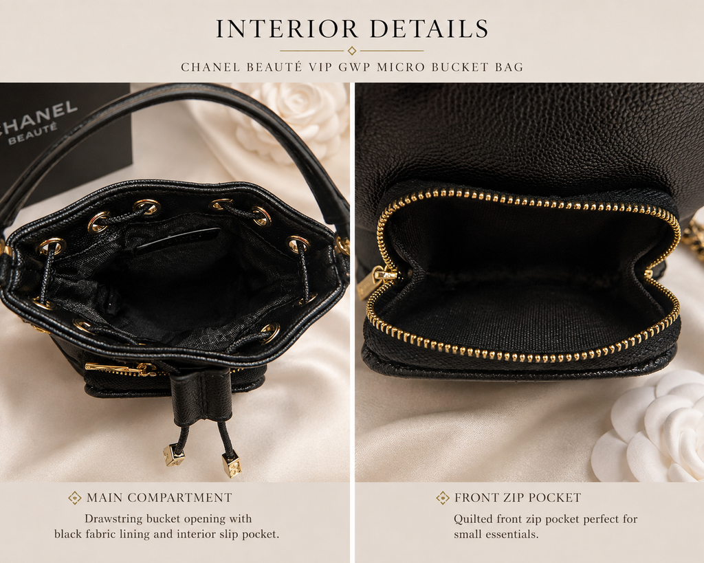 Chanel Beauté VIP GWP Micro Bucket Bag – Black Caviar Texture with Gold Hardware