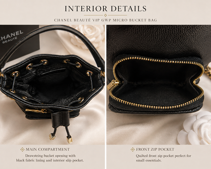 Chanel Beauté VIP GWP Micro Bucket Bag – Black Caviar Texture with Gold Hardware