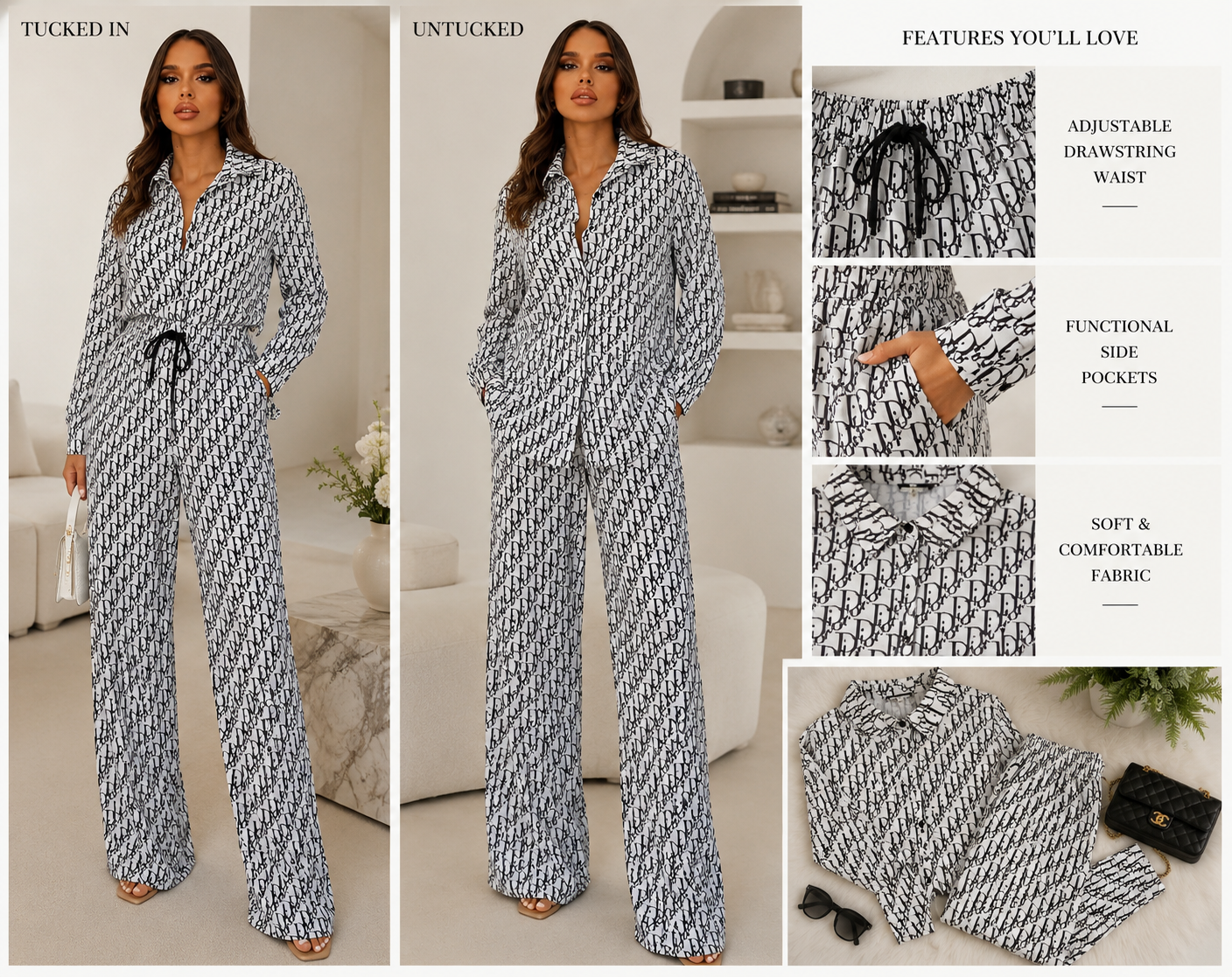 Black & White Monogram Two-Piece Blouse & Drawstring Pant Set