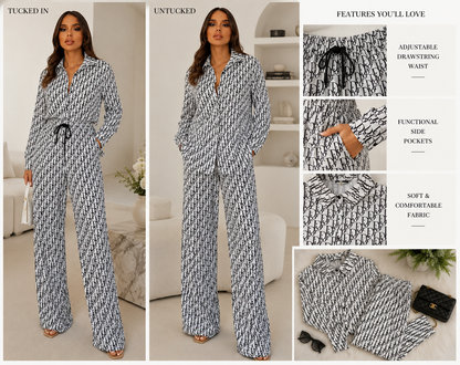 Black & White Monogram Two-Piece Blouse & Drawstring Pant Set