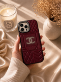 Burgundy Quilted Luxe Phone Case with Card Holder – Rhinestone Detail