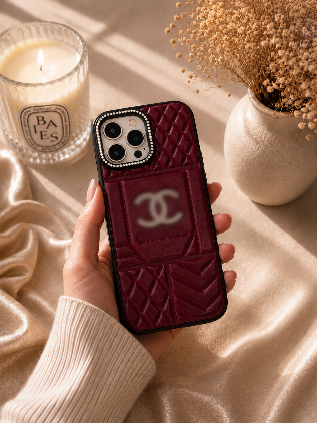 Burgundy Quilted Luxe Phone Case with Card Holder – Rhinestone Detail