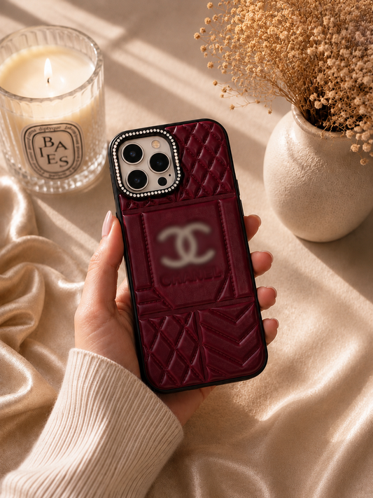 Burgundy Quilted Luxe Phone Case with Card Holder – Rhinestone Detail